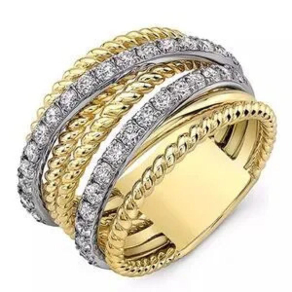 Gorgeous Cross Twisted Multilayer Ring Two?Tone Micro Crystal Zircon Ring